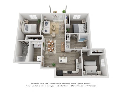 Floor plan for 3 beds, 2 baths, 1154 sqft